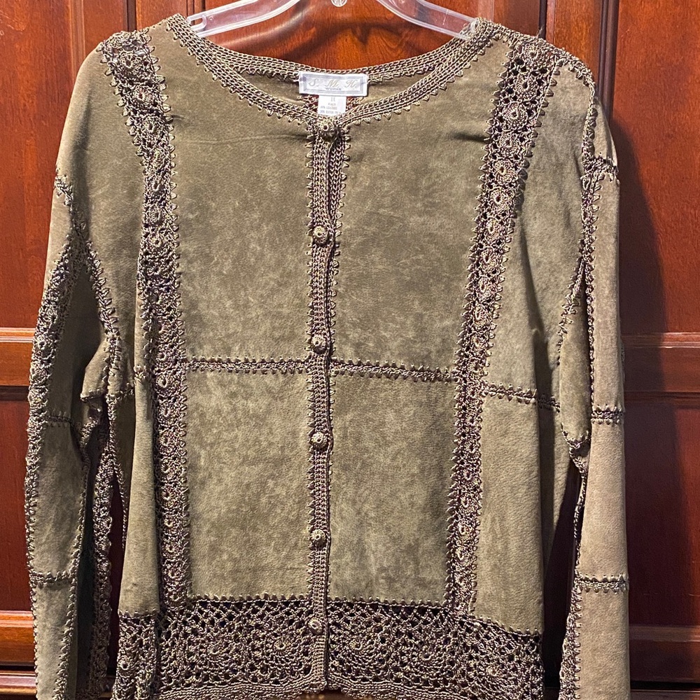 Leather and crochet button up long sleeve vintage plus size top